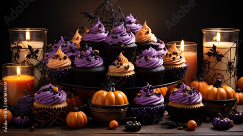 banner candy bar of pancakes in Halloween style, and pumpkins  © Yulia