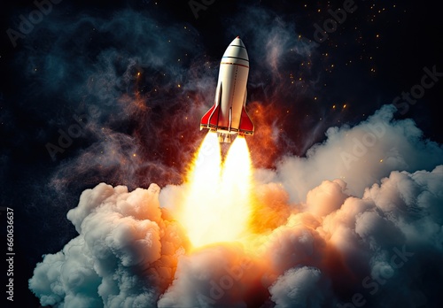 A spaceship takes off into the night sky. Launching or landing of a spaceship rocket. Launch concept. Illustration for banner, poster, cover, brochure or presentation.