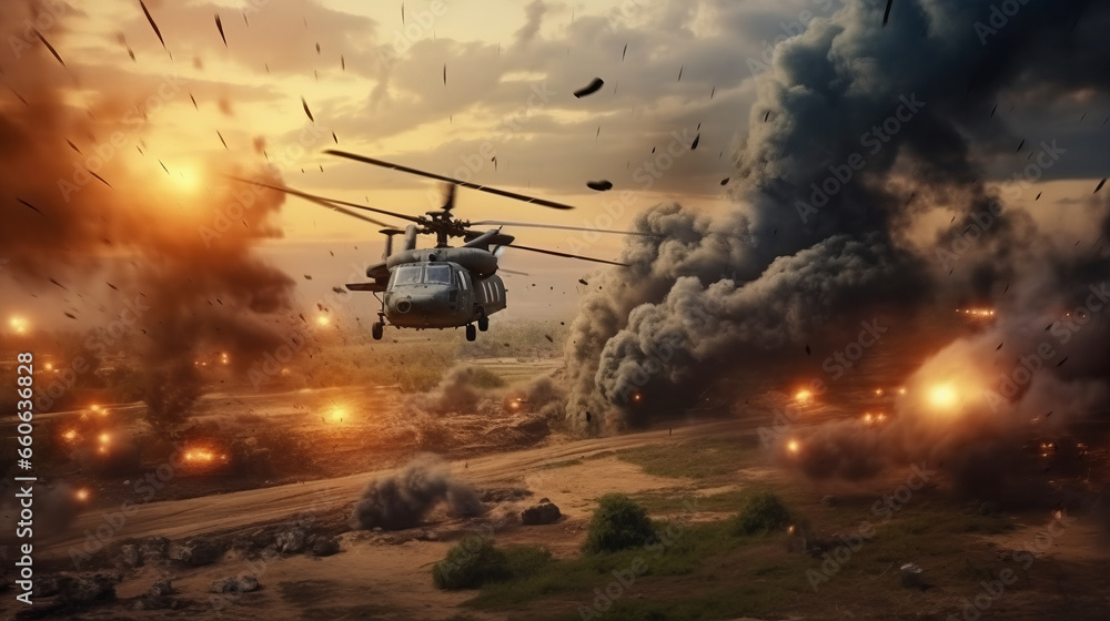 Fototapeta premium Military forces and helicopters between fire and bombs in battle field