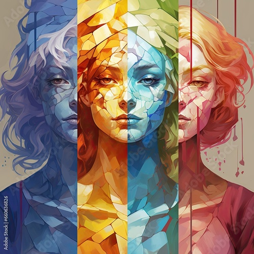 psychology, personality disorder. fragments of color. split, the girl's face sucks from several flowers, multi-colored, pieces photo