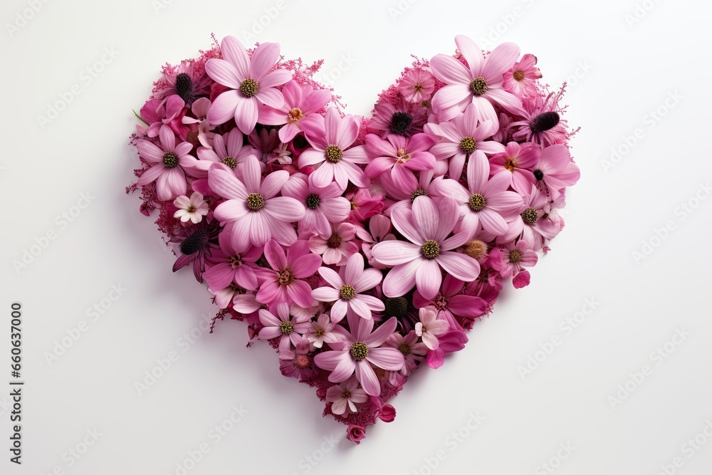 heart of fresh pink  flowers on a white background