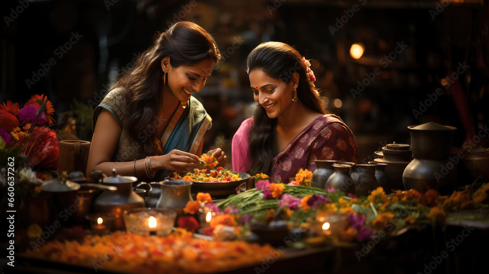Traditional Indian kitchen: women preparing a feast. Food preparation, cultural tradition, and cooking.
