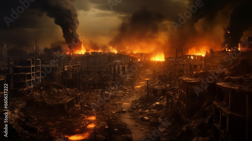 a destroyed city with a fire storm in war.generative ai