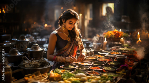 Indian woman creating culinary magic in a warm kitchen. Traditional cooking, family, and culture. 