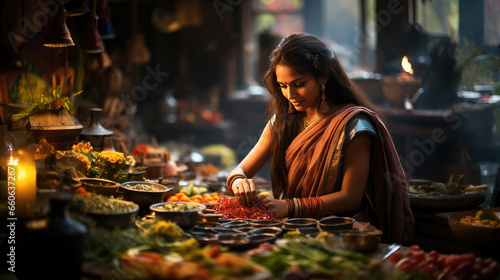 Culinary artistry  Indian woman in a traditional kitchen. Cooking culture  culinary heritage. 