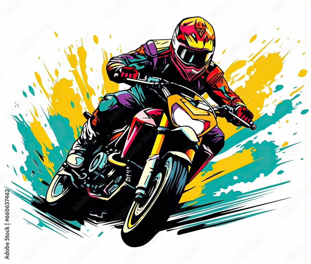  a person riding a motorcycle on a colorful background with splashes.  generative ai