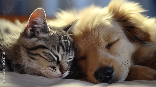 A heartwarming moment between a dog and a cat peacefully sleeping together on a cozy bed