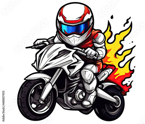  a person riding a motorcycle with a flame behind them on a white background. generative ai