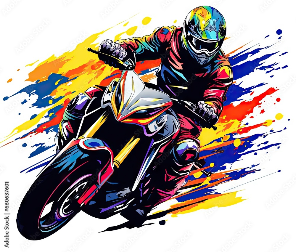  a person riding a motorcycle on a colorful background with paint splatters.  generative ai