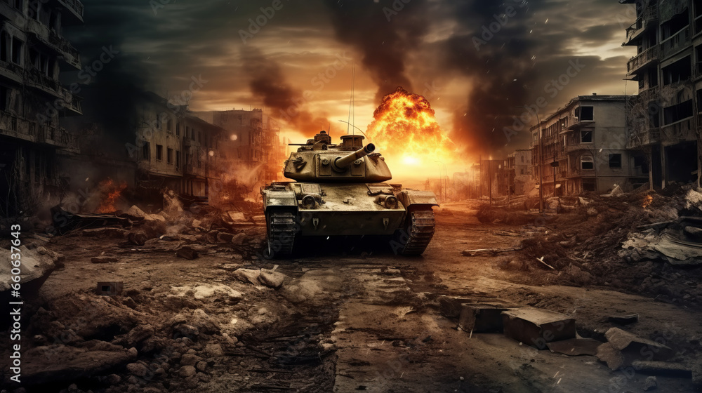 Armored tank crosses war-torn city,generative ai