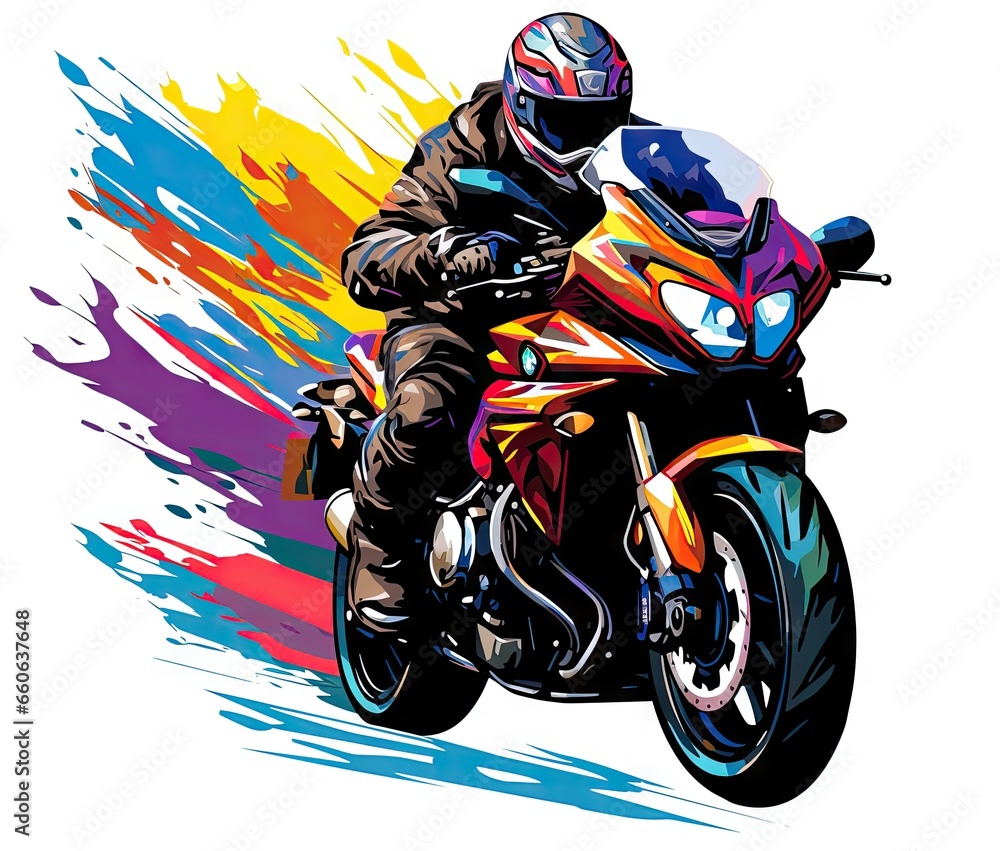  a man riding a motorcycle on top of a colorful background.  generative ai