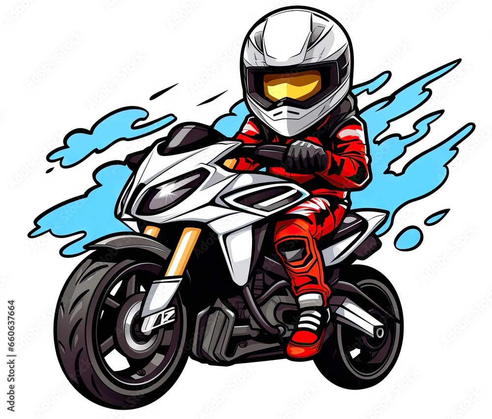  a person riding a motorcycle with a helmet on and a red and white outfit.  generative ai