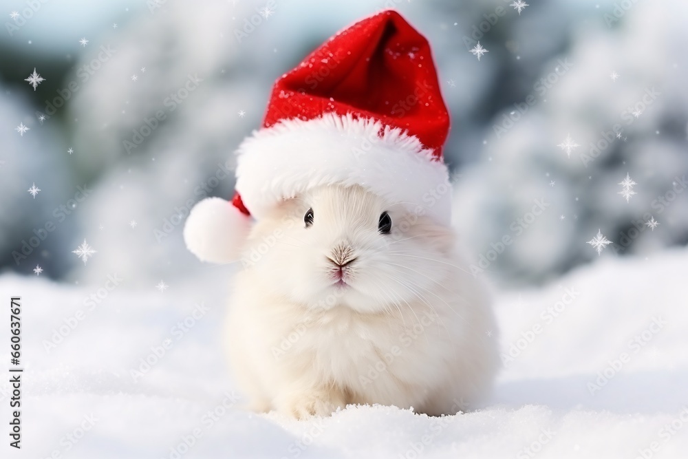 Cute little white rabbit with red Santa Claus hat on snowy background. Cute white rabbit with red santa hat on christmas background Cute little white rabbit with red Santa Claus hat on snowy background. Cute white rabbit with red santa hat on christmas background