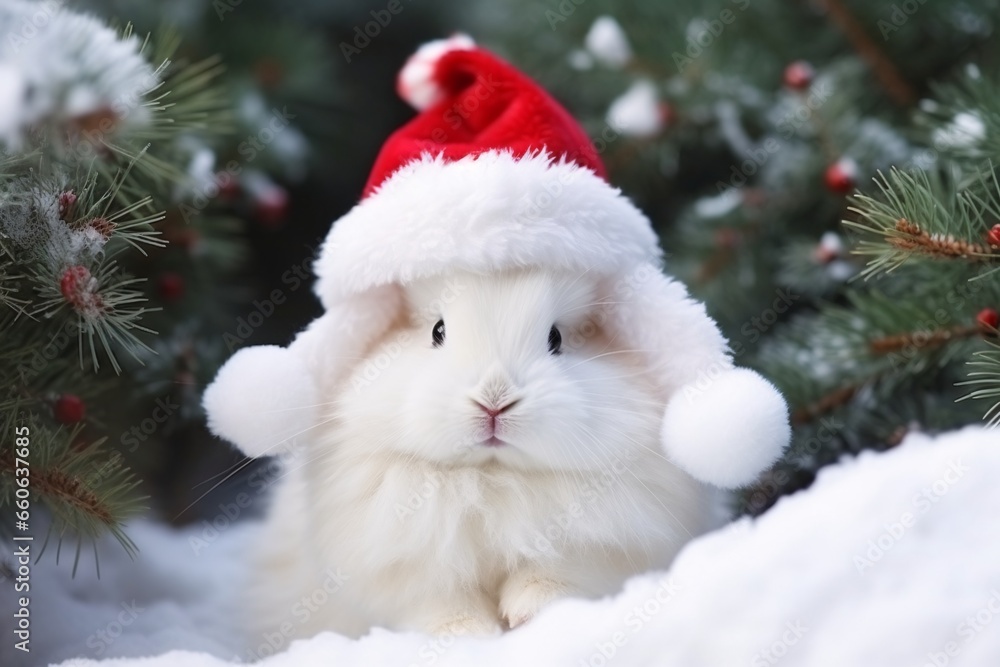 Cute little white rabbit with red Santa Claus hat on snowy background. Cute white rabbit with red santa hat on christmas background Cute little white rabbit with red Santa Claus hat on snowy background. Cute white rabbit with red santa hat on christmas background