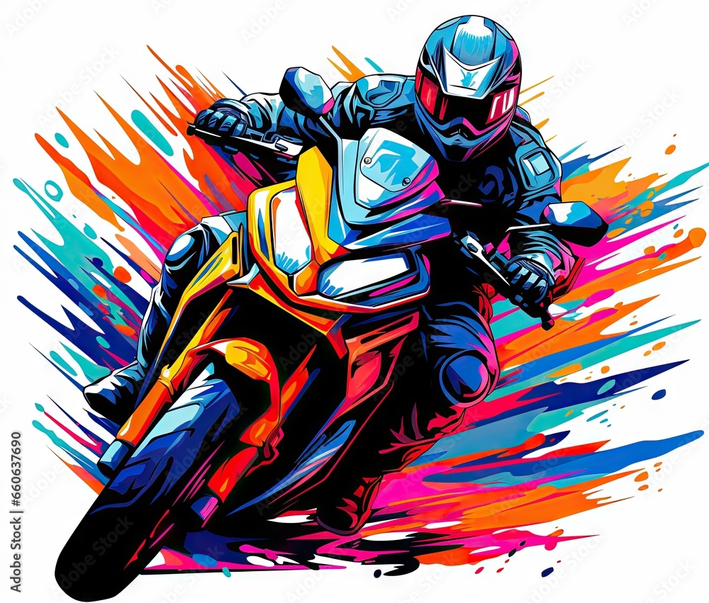  a person riding a motorcycle with colorful paint splatters.  generative ai