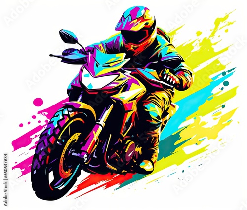  a person riding a motorcycle on a colorful background with paint splatters. generative ai