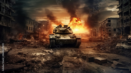 Armored tank crosses war-torn city,generative ai