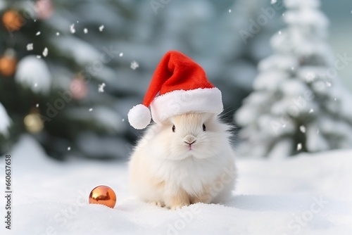 Cute little white rabbit with red Santa Claus hat on snowy background. Cute white rabbit with red santa hat on christmas background © vachom