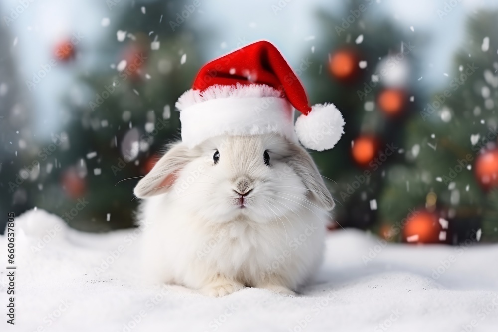 Cute little white rabbit with red Santa Claus hat on snowy background. Cute white rabbit with red santa hat on christmas background Cute little white rabbit with red Santa Claus hat on snowy background. Cute white rabbit with red santa hat on christmas background
