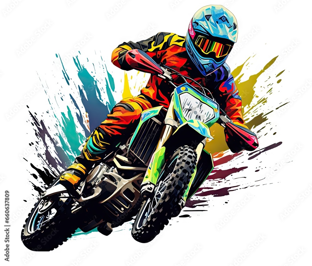  a person riding a dirt bike on a white background with colorful paint splatters.  generative ai