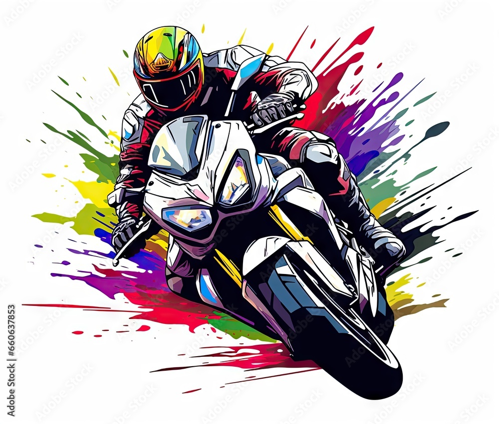  a person riding a motorcycle on a colorful background with paint splatters.  generative ai