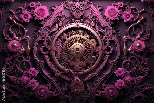 background with steampunk elements in pink and purple tones. gothic creative backgrounds with vintage retro clock