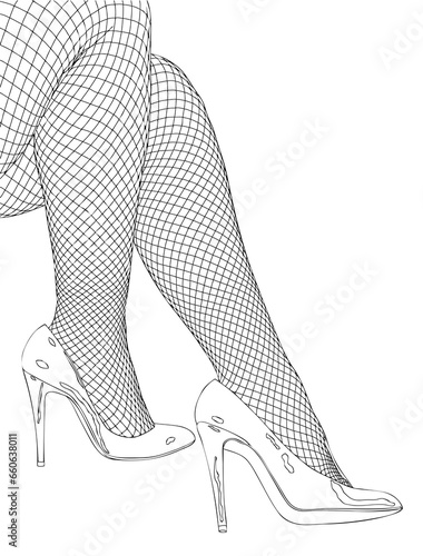 Sensual legs in fishnet stockings and high-heeled shoes