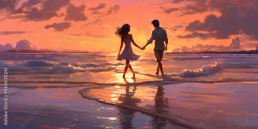 Romantic Couple Hold Hands on the Beach at Sunset
