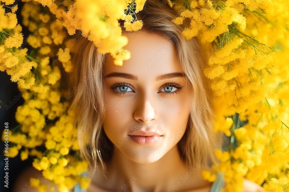 Face of young beautiful blond woman framed by yellow mimosa flowers. Natural beauty skin care women;s day concept Face of young beautiful blond woman framed by yellow mimosa flowers. Natural beauty skin care women;s day concept