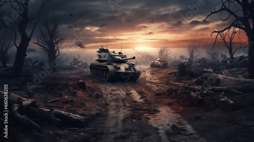 Battlefield with tanks, soldiers, apocalyptic ruins.