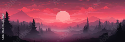 Mystical mysterious fog in the forest and mountains at sunset, illustration, banner