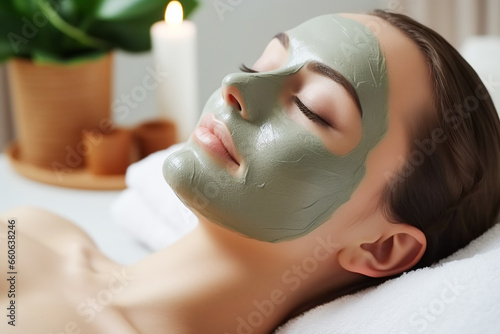 Young woman lying in a spa salon with betonite clay mask on her face. Skin body care relaxation self-care concept