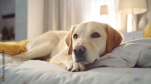 A dog relaxing on a cozy bed by a sunlit window