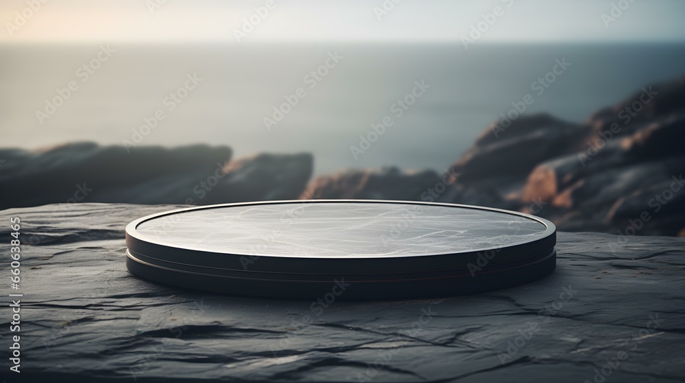 Round Stone Podium in anthracite Colors in front of a blurred Seascape. Luxury Backdrop for Product Presentation Round Stone Podium in anthracite Colors in front of a blurred Seascape. Luxury Backdrop for Product Presentation