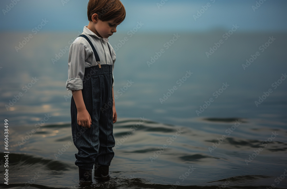 a boy stands in the water against the background of the sea, generative ai 