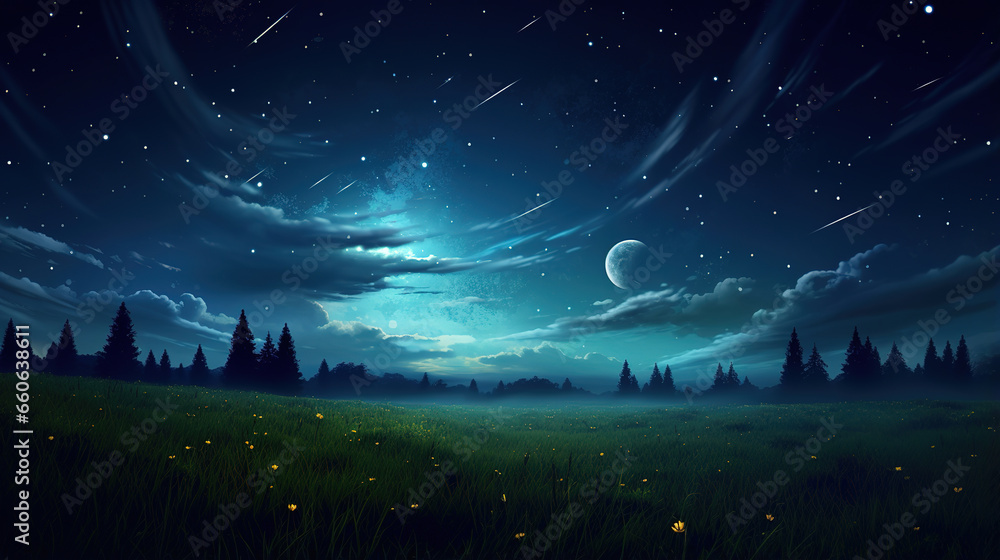 a peaceful open field, Dark night filled with stars, generative ai 
