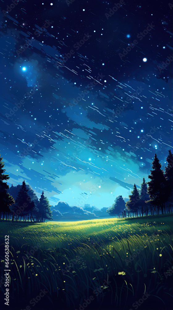 Fototapeta premium a peaceful open field, Dark night filled with stars, generative ai 