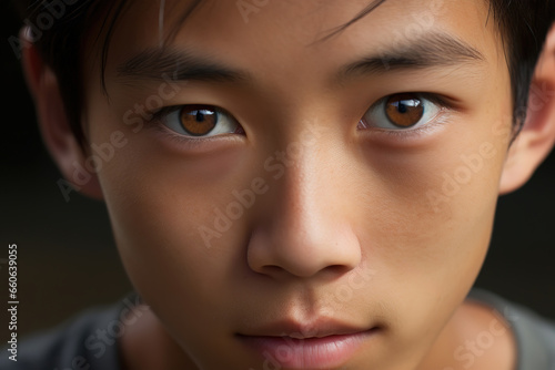 close up of a young asian teenage boy, generative ai 