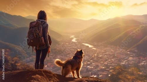 Obraz na płótnie A woman and her loyal dog enjoying the view from a hilltop