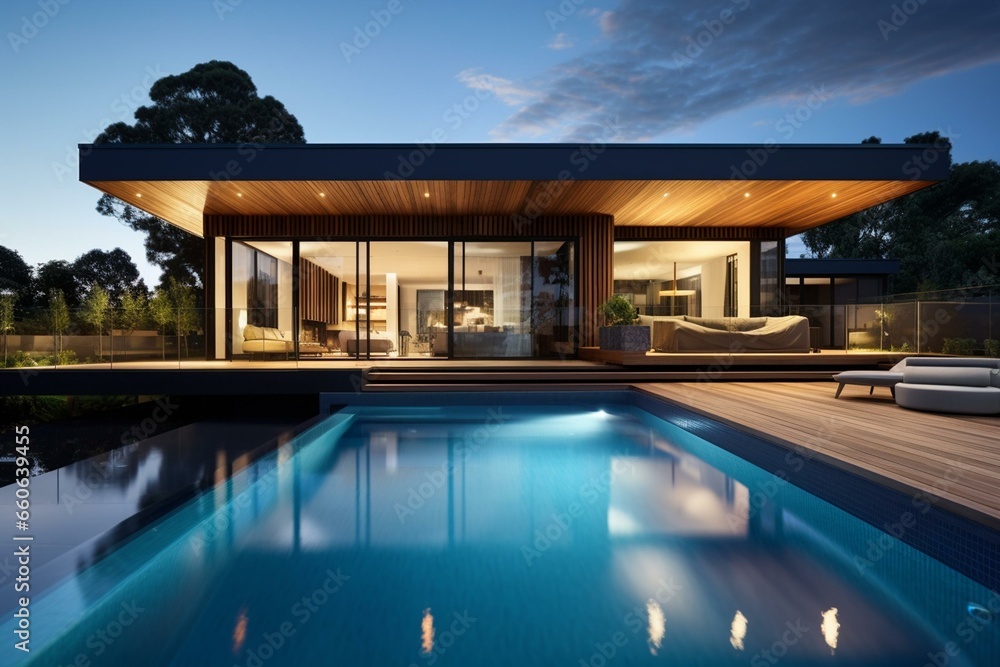Contemporary dwelling with timber features and a pool. Generative AI
