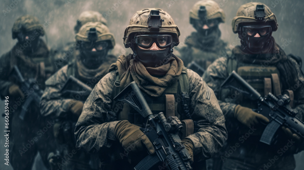 Group of young soldiers in military uniform standing in a forest. Group of young soldiers in military uniform standing in a forest.