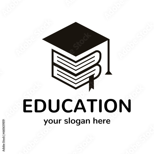 Vector education logo black color style isolated on background with academic cap for online school symbol, internet e learning center and graduation concept, distant online courses and training icon