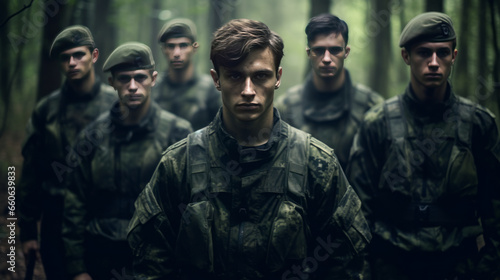 Group of young soldiers in military uniform standing in a forest. photo