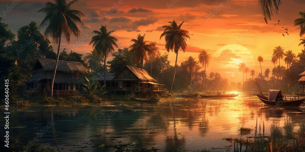 Beautiful Landscape of Village with with Coconut Tress at Sunset Beautiful Landscape of Village with with Coconut Tress at Sunset
