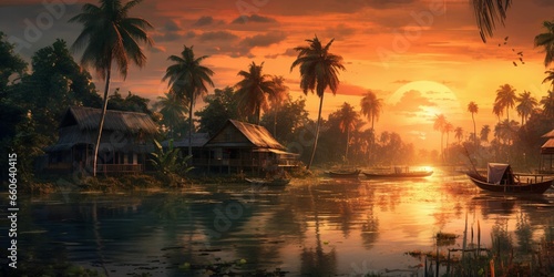 Beautiful Landscape of Village with with Coconut Tress at Sunset © Resdika
