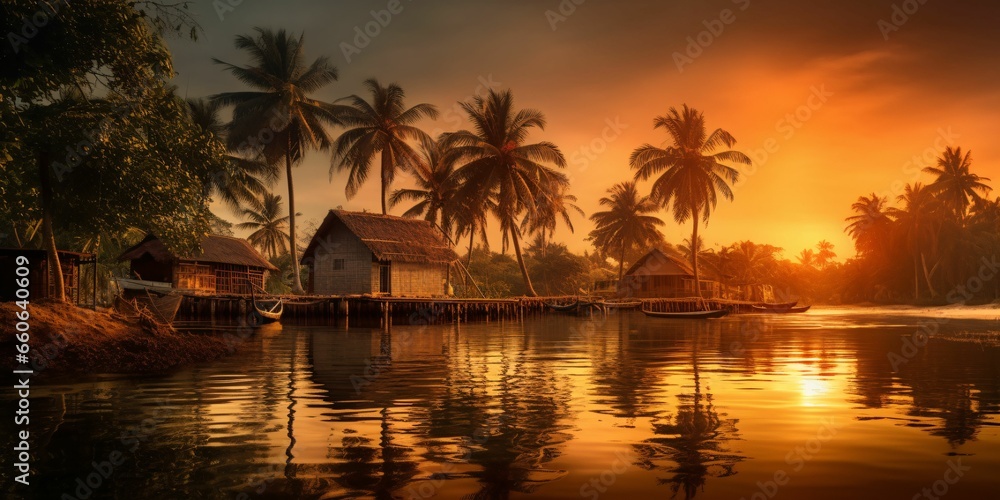 Beautiful Landscape of Village with with Coconut Tress at Sunset