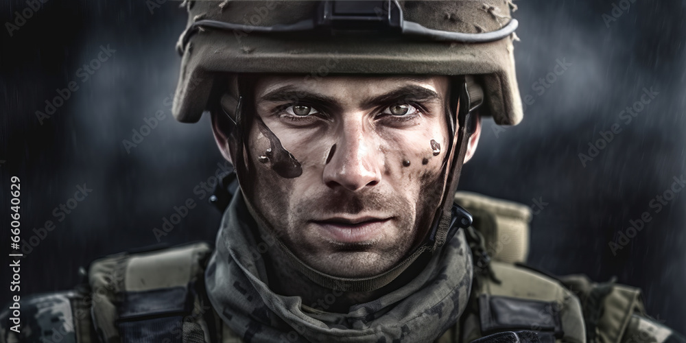 Portrait of a European army soldier in the ranks with selective focus, human enhanced. generative ai Portrait of a European army soldier in the ranks with selective focus, human enhanced. generative ai