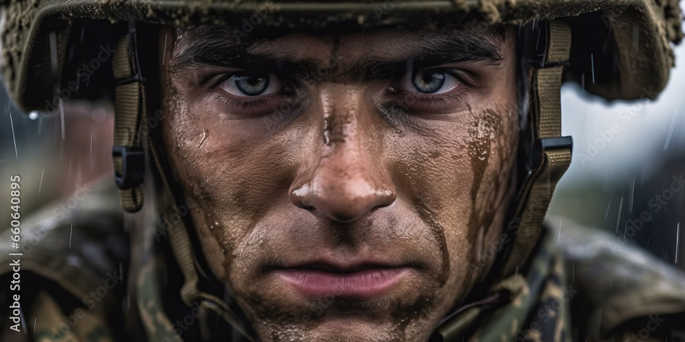 Portrait of a European army soldier in the ranks with selective focus, human enhanced. generative ai