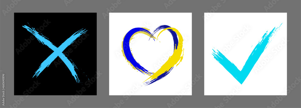 The cross, heart and OK symbol are hand-drawn with a brush. Prohibition, denial, error. Love. Approval, consent. Vector, set of 3 characters The cross, heart and OK symbol are hand-drawn with a brush. Prohibition, denial, error. Love. Approval, consent. Vector, set of 3 characters