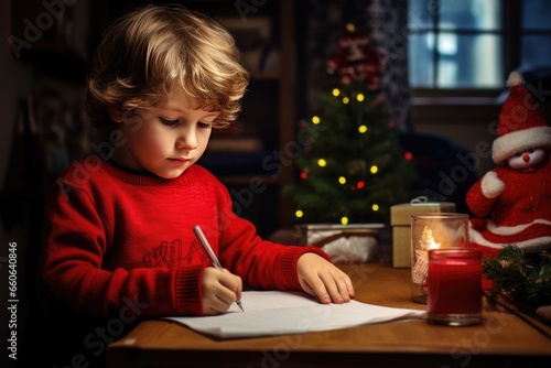 Little boy writing a letter to Santa. Christmas expectations idea